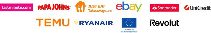 Testimonials: lastminute.com, Papa John's, Just Eat Takeaway.com, Ebay, Santander, UniCredit, Temu, Ryanair, European Union, Revolut
